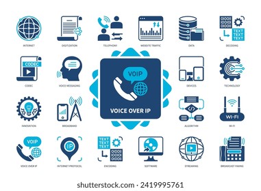 Voice over IP-VOIP-Icon-Set. Geräte, Codec, Streaming, Breitband, Sprachnachrichten, Internet-Telefonie, Website-Verkehr, Software. Duotone-Farbsymbole