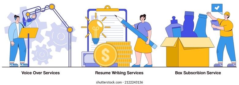 Voice over services, resume writing, box subscription concept with people character. Online based jobs vector illustration set. Audio and video production, CV online, box delivery startup metaphor.