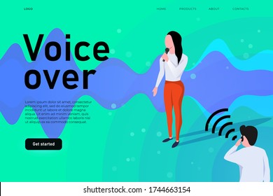 Voice over system conceptual illustration with stylized sound wave. Woman talking to micrphone.