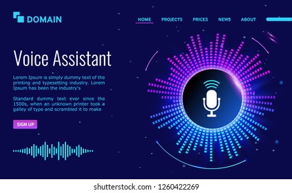 Voice personal online assistant. Landing page design. technology for personal identity recognition and access authentication. Digital audio sound scanner on ultraviolet background. 