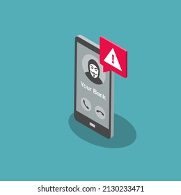 Voice phishing symbol with a smartphone and fake bank phone call. Flat design, easy to use for your website or presentation.