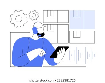 Voice picking isolated cartoon vector illustrations. Smart warehouse manager with headset tasking using voice recognition app, stock inventory modern technologies, VDW system vector cartoon.