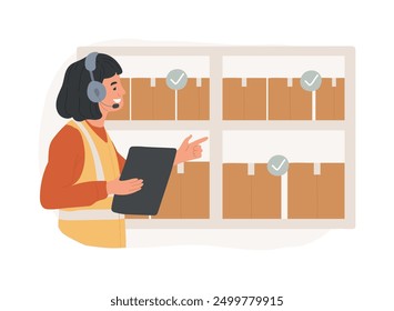 Voice picking isolated cartoon vector illustrations. Smart warehouse manager with headset tasking using voice recognition app, stock inventory modern technologies, VDW system vector cartoon.