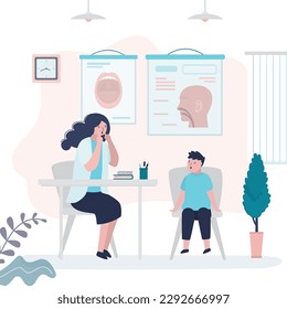 Voice pronouncing lesson. Speech therapist consultation, didactic aids treatment specialist, logopedist help. Female teacher and small boy talking, doctor counseling patient. flat vector illustration