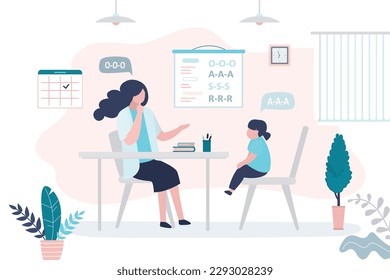 Voice pronouncing lesson. Speech therapist consultation, didactic aids treatment specialist, logopedist help. Female teacher and small girl talking, doctor counseling patient. flat vector illustration