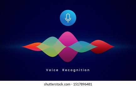 Voice Recognition AI personal assistant modern technology visual concept vector illustration. microphone icon button with colorful sound wave audio spectrum on dark grid background