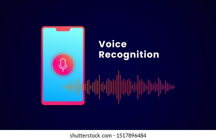 Voice Recognition AI personal assistant modern technology visual concept vector illustration design. Microphone button on smartphone with digital sound wave audio spectrum line background