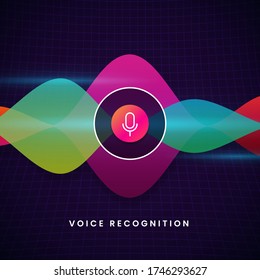 Voice recognition ai personal assistant visual design concept with microphone icon and colorful modern sound audio wave spectrum vector illustration.