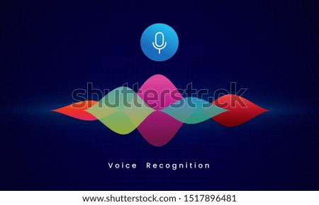 Voice Recognition AI personal assistant modern technology visual concept vector illustration. microphone icon button with colorful sound wave audio spectrum on dark grid background