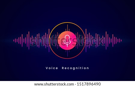 Voice Recognition AI personal assistant modern technology visual concept vector illustration design. Microphone button icon on digital sound wave audio spectrum line background