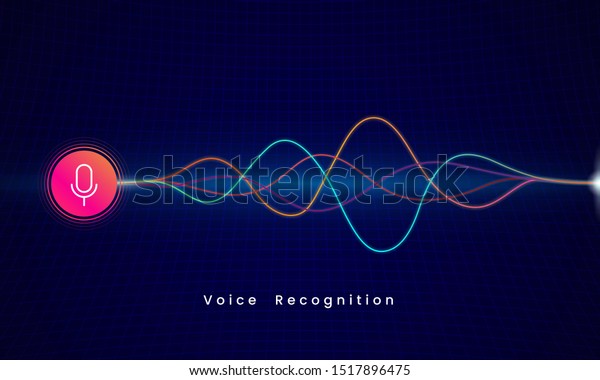 Voice\
Recognition AI personal assistant modern technology visual concept\
vector illustration. microphone icon button with colorful sound\
wave audio spectrum line on dark grid\
background
