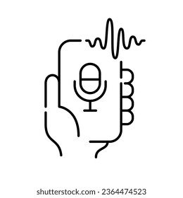 Voice recognition artificial intelligence technology. Hand holding a smartphone with app. Pixel perfect, editable stroke