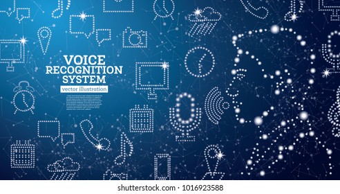 Voice Recognition Assistance System Concept With Neon Icons. Vector Illustration. Man Face. Speech Recognition Symbol.