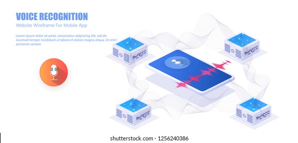 Voice recognition. 	
Voice assistant modern concept. Equalizer sound waves on the smart phone and on the smart speaker. Landing page with Personal assistant concept. Vector illustration.