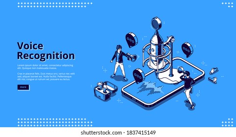 Voice recognition banner. AI technologies for recording sound, dictate messages and speech. Vector landing page with isometric illustration of microphone, smartphone with soundwaves and people