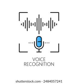 Icono de reconocimiento de voz, Identificación biométrica o verificación. Tecnología de seguridad de identificación, reconocimiento biométrico de identidad o ícono de Vector de contorno de Identificación digital con micrófono y ondas sonoras