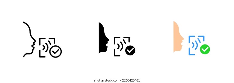 Voice recognition. Biometry, biometrics, identity verification, scan, checkmark, tick, successfully recognized. Vector set icon in line, black and colorful styles isolated on white background