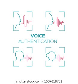 Voice recognition. Collection of 4 flat vector linear icons. Blue and red colors