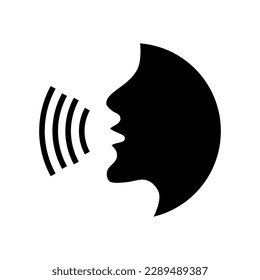 Voice recognition concept. Voice control black line icon.Speaking icon vector. Talk person sign or symbol , man with open mouth and sound wave , Voice command, Voice recognition, speech icon.