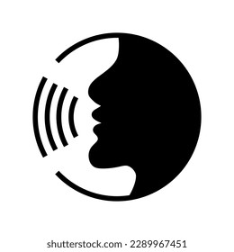 Spracherkennung Sprachsteuerung schwarze Linie Symbol.Speaking Symbol Vektorgrafik. Talk Person Zeichen oder Symbol , Mann mit offenem Mund und Schallwelle , Voice Befehl, Spracherkennung, Sprachsymbol.
