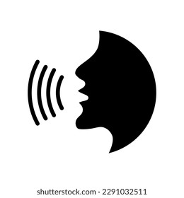 Spracherkennung Sprachsteuerung schwarze Linie Symbol.Speaking Symbol Vektorgrafik. Talk Person Zeichen oder Symbol , Mann mit offenem Mund und Schallwelle , Voice Befehl, Spracherkennung, Sprachsymbol.