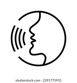 Voice recognition concept. Voice control black line icon.Speaking icon vector. Talk person sign or symbol , man with open mouth and sound wave , Voice command, Voice recognition, speech icon.