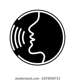 Concepto de reconocimiento de voz. Icono de línea negra de control de voz.Vector de icono de voz. Signo o símbolo de persona hablante , hombre con boca abierta y onda de sonido , Comando de voz, Reconocimiento de voz, icono de voz.