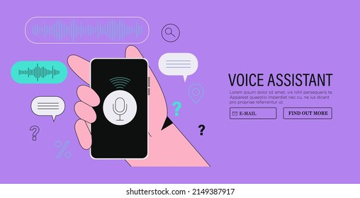 Voice recognition concept. Man hold smart phone using voice assistant application. Smart speaker apps, office controller, hands-free phone calling, internet of things, voice command software.