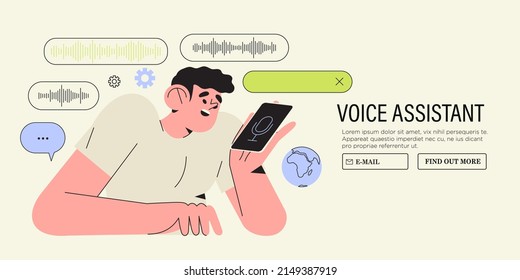 Voice recognition concept. Man hold smart phone using voice assistant application. Smart speaker apps, office controller, hands-free phone calling, internet of things, voice command software.