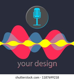 Voice recognition concept.  Microphone button with bright voice and sound lines. Vector illustration. Eps 10.