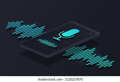 Concepto de reconocimiento de voz. Micrófono, grabación. Tecnologías e innovaciones modernas. Aplicaciones especiales para la entrada de voz y la búsqueda de información en Internet. Isometric vector ilustración