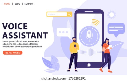 Voice recognition concept. People with big smart phone using voice assistant application. Intellectual technology. Vector web page banner illustration with icons.