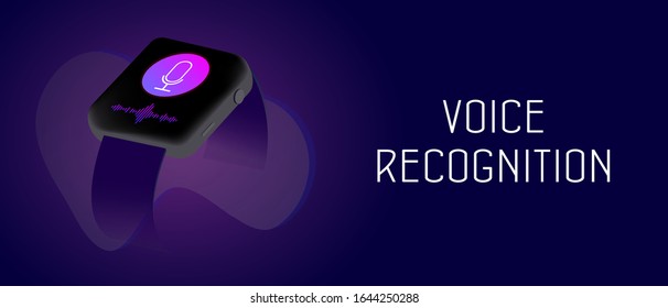 Spracherkennungskonzept mit intelligentem Bildschirm mit Mikrofon und Wellensymbol.  Sprachsuche Technologie Kommunikation mit Gadgets und Geräten. Fußzeile-Banner-Vorlage mit Text