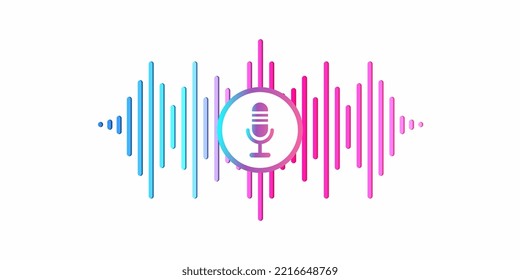 Voice recognition concept. Sound waves with imitation of sound, voice and microphone icon on white background