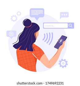 Concepto de reconocimiento de voz. Mujer sosteniendo un smartphone con aplicación de asistente de voz. Tecnología intelectual. Ilustración vectorial con iconos de las redes sociales.