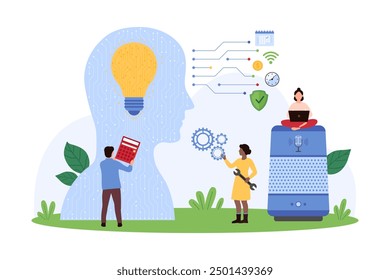 Voice recognition and control of AI personal assistant with smart speaker. Tiny people work light bulb and circuits inside human head, wireless connected speakers cartoon vector illustration