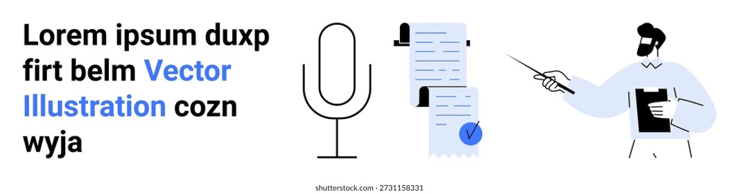 Reconhecimento de voz, comunicação digital, educação, habilidades de apresentação, revisão de documentos, agilização do fluxo de trabalho. Um microfone, documentos e uma pessoa gesticulando para anotações. Reconhecimento de voz
