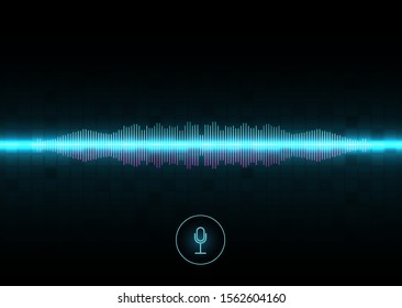 Voice recognition, equalizer, audio recorder. Microphone button with sound wave. Symbol of intelligent technology.   Hi-tech AI assistant voice, background wave flow, equalizer. Vector illustration