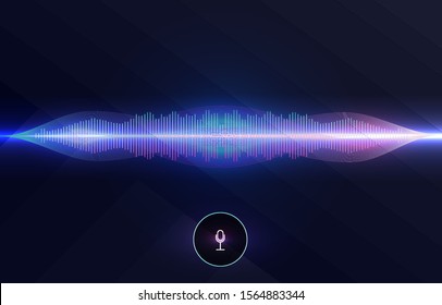 Voice recognition, equalizer, audio recorder. Microphone button with sound wave. Symbol of intelligent technology.   Hi-tech AI assistant voice, background wave flow, equalizer. Vector illustration