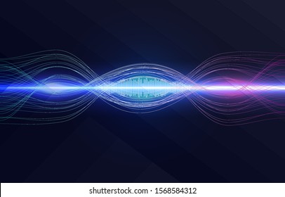 Voice recognition, equalizer, audio recorder. Microphone button with sound wave. Symbol of intelligent technology.   Hi-tech AI assistant voice, background wave flow, equalizer. Vector illustration