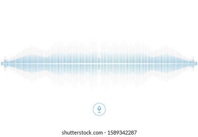 Voice recognition, equalizer, audio recorder. Microphone button with sound wave. Symbol of intelligent technology.   Hi-tech AI assistant voice, background wave flow, equalizer. Vector illustration