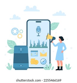 Reconocimiento de voz para sistemas inteligentes domésticos, ilustración vectorial IOT. Persona minúscula de dibujos animados usando megáfono y altavoces para controlar la aplicación de asistente de voz en el teléfono móvil, grabar comandos y sonido de audio