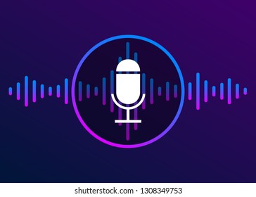 Voice recognition icon and personal assistant concept, gradient vector illustration siri design of soundwave intelligent technologies. Microphone button with bright voice and sound imitation waves