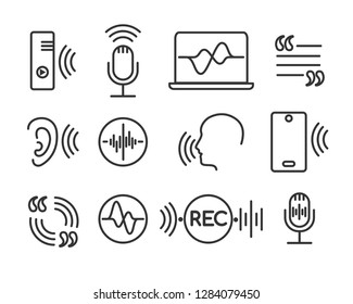 Voice recognition icons. Telephone conversation linear symbols, speech and hearing command pictograms. Sound technology vector signs