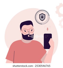 Reconocimiento de voz. Id. de voz. Tecnología de Identificación de audio inteligente. Autenticación, verificación biométrica de identidad. El personaje masculino utiliza el teléfono inteligente y hace la verificación de sonido para desbloquear el teléfono.