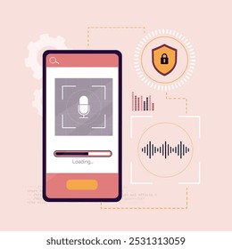 Reconocimiento de voz. Id. de voz. Tecnología de Identificación de audio inteligente. Autenticación, verificación biométrica de identidad. Smartphone con App de verificación de sonido para desbloquear el teléfono. Ilustración vectorial