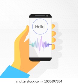 voice recognition. intelligent personal assistant. soundwave on phone in the hand. voice control. sound recording. text: Hello. vector illustration