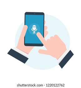 Voice recognition. Intelligent personal assistant. Phone in the hand. Sound recording. 
