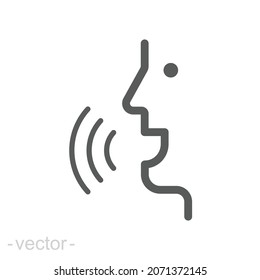 Symbol für die Spracherkennung. Einfache Kontur. Sprachsteuerung, Sprechen, sprechen, Gesicht, Kopf, Antwort, Mann, Kontrolle, hören, Kommunikationskonzept. Vektorgrafik einzeln. Bearbeitbarer Strich EPS10