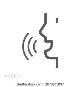 Icono de línea de reconocimiento de voz. Estilo de contorno simple. Control de voz, habla, habla, cara, cabeza, respuesta, hombre, control, escucha, concepto de comunicación. Ilustración vectorial aislada. EPS de trazo editable 11